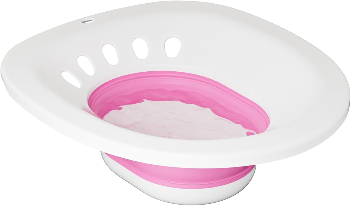 Pink Sitz Bath Kit for Hemorrhoids &amp; Postpartum Care - Collapsible, Wide Seat, Deeper Bowl, Easy to Store