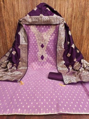 Image of Sidhidata Women's Shimmer Zari Butty With Multi Sequence Embroidered Unstitched Dress Material With Banarasi Silk Dupatta (DM Shimmer Free Size)
