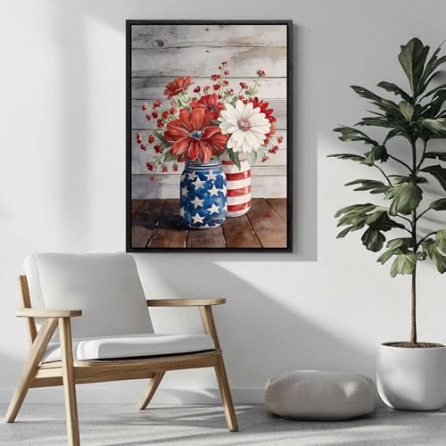 Image of Wildflower Field Framed Canvas Wall Art, 4th of July Red White Blue Canvas Prints, Flowers and Stripes Patriotic Decorations, Independence Day Wall Decor for Bedroom Living Room Office 24x36