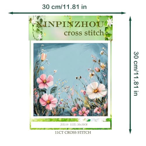 Image of Xinpinzhou Stamped Cross Stitch Kits for Adults - 11CT Flowers Pre Printed Cross-Stitch Patterns, Advanced Embroidery Kit for Beginners, 12x12 in DIY Crossstitch Crafts for Wall Decor or Mum Gifts