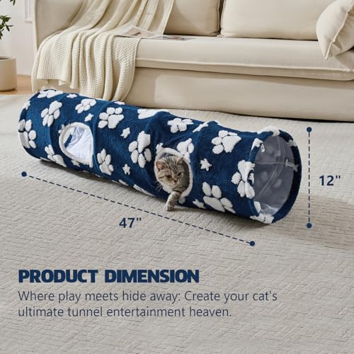 Image of Straight Cat Tunnel for Indoor Cats 47 inchx12 inch, Cute Cat Toys Collapsible Tunnel Tube with Balls for Puppy Kitten Rabbit, Blue Paw