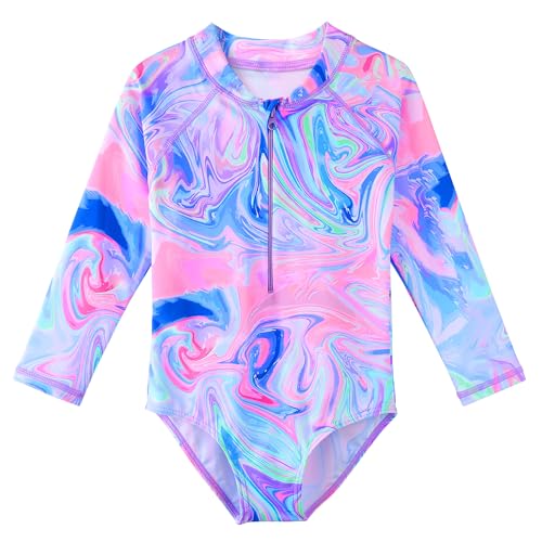 TFJH E Kids Girls Rashguard Swimsuit UV 50+ Long Sleeve One Piece Swimwear Zip
