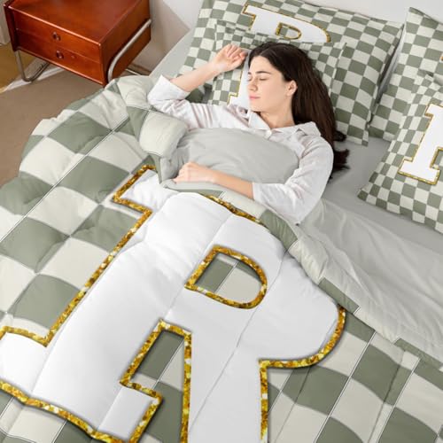 Image of Erosebridal Sage Green Checkered Queen Bedding Set 7 Piece Plaid Initial R Bed in A Bag with Sheets Personalized Monogram Comforter Set for Kids Adults,Fashion Grids Gingham Bed Sets