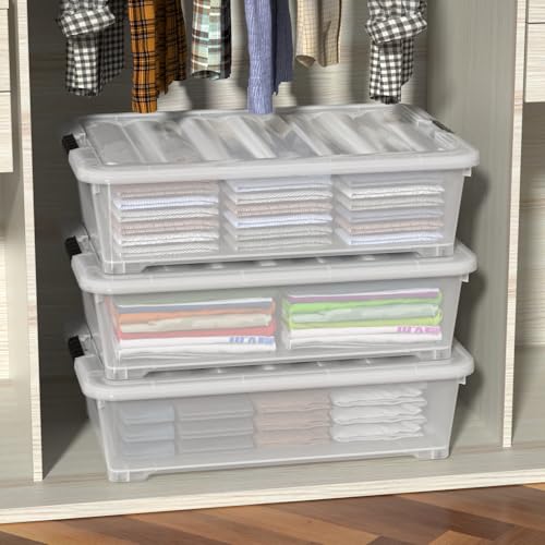 Image of 50 L Large 3 Packs Clear Plastic Under Bed Storage Container with Lid and Wheels, Under the bed Boxes