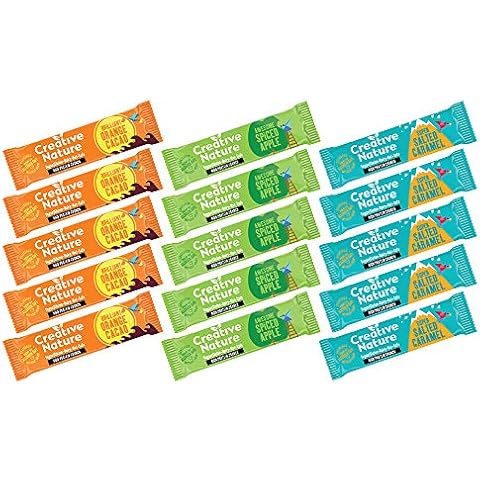 Creative Nature Vegan Protein Snack Bars - 15 x 40g Bars - 5 x Spiced Apple, 5 x Cacao Orange and 5 x Salted Caramel - Nut Free, Dairy Free, Gluten Free Snack Box - Vegan Snacks Cover