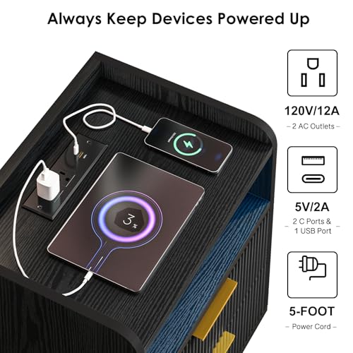 Table de chevet LED cannelée noire avec station de charge Fixwal