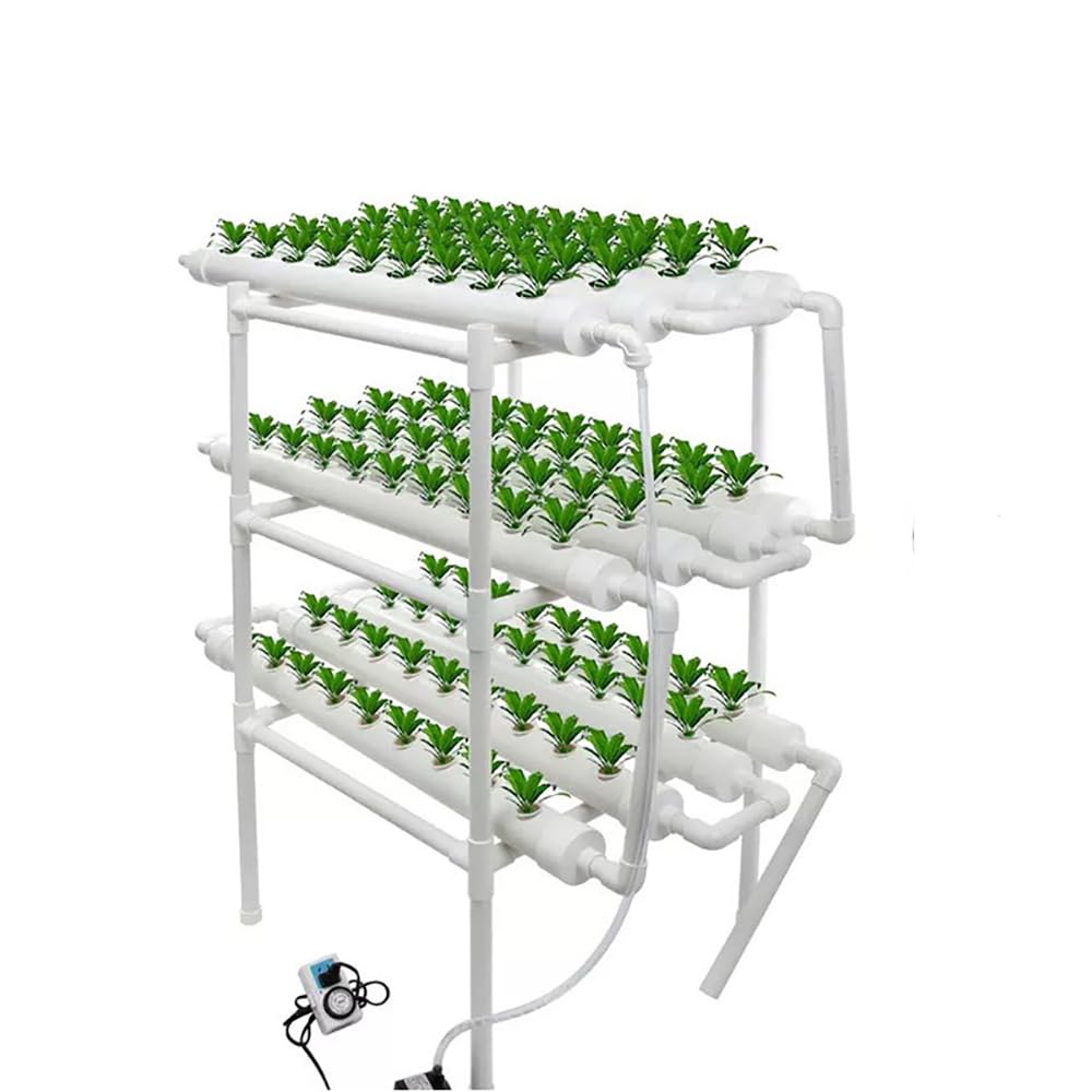 3 Layer 12 Tube Hydroponic Growing System, 108 Plant Sites PVC Pipes Plant Growing Kit, Soilless Growing System with 108 Nest Basket, 12V Water Pump and Timer and Water Hose, for Leafy Vegetables