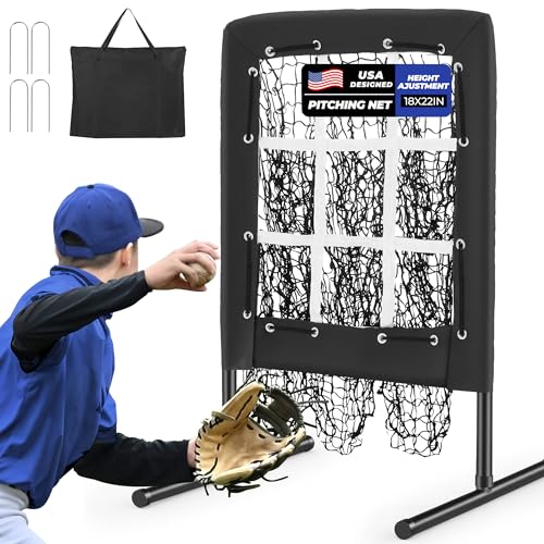 Sturdum 9 Hole Pitching Net Portable Nine Pocket Pitching Target Baseball Softball with Strike Zone Height Adjustable Pitcher Training Equipment with Carry Bag 4 Ground Stakes