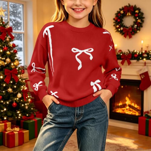 Girls Bow Christmas Sweater Cute Ribbed Crweneck Pullover Sweaters 5-16Y - image 3