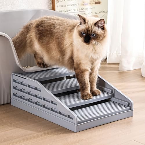 Rarenut Litter Box Step Cat Ramp Litter Catcher for Cat Litter Boxes Height Adjustable Litter Mat for Small and Senior Cats Washable Water-Proof - Grey