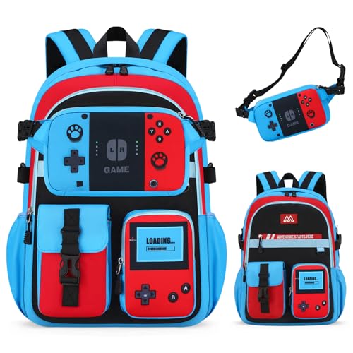 TILYTADLY 2IN1 School Backpack for Boys - Gamer Backpack for Boys with Waist Bag 18 Large Capacity Students Bag for Kids Children Teens Elementary Middle School