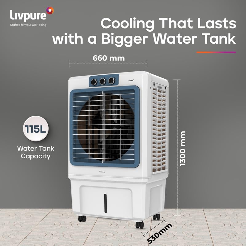 Image of Livpure Iceblast Desert Air Cooler- 115L | 18 inch Fan Blade | High Air Delivery | Ice Chamber | Anti-Bacterial Honeycomb Pad | 190 Watts Motor with Inverter Compatibility | 2 Years Warranty by Livpure