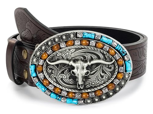 Image of Western-Cowboy-Leather-Belts for Women Turquoise-Oval-Buckle Embossed Belt