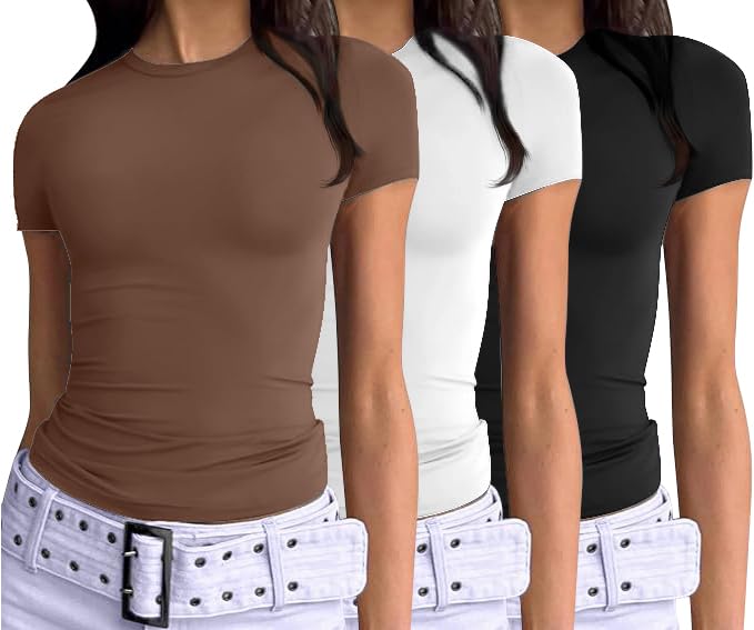 Women's 3 Pack Short Sleeve Shirts Basic Slim Fit Crop Tops Going Out Tops 2024 Spring Summer Tight Tees Y2k Clothes