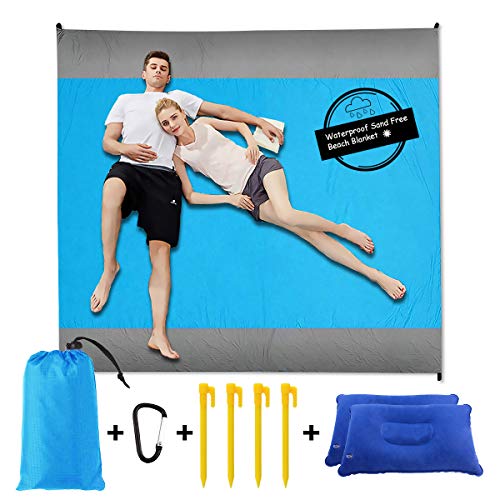Sand Free Beach Blanket Mat - 82‘’×79‘’ 【Include 2 pcs Inflatable Pillow】Waterproof Travel