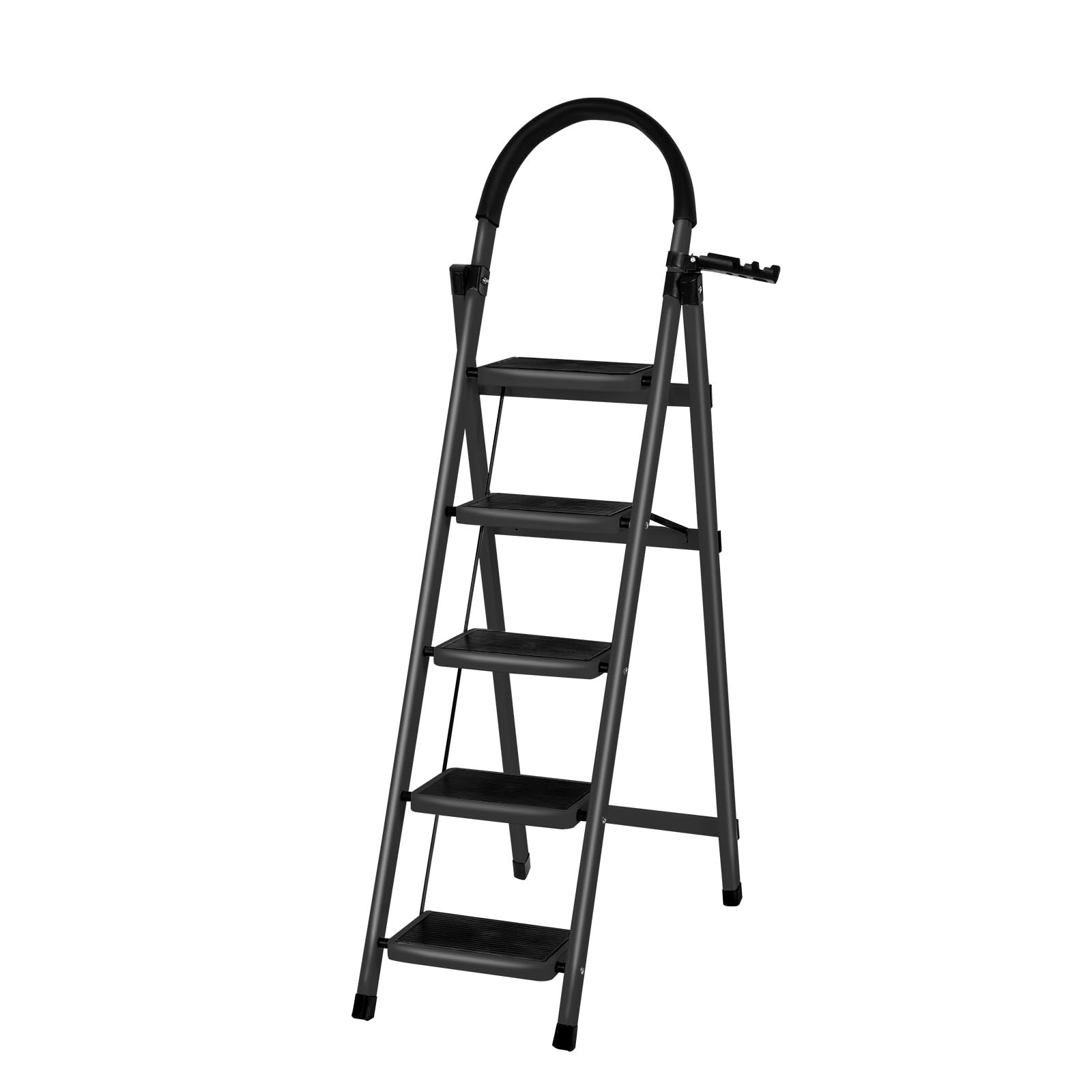 Échelle Compacte avec Poignée en Caoutchouc, Escabeau 5 Marches Pliable, Design Antidérapant, Fabriquée en Acier Alliage de Haute Qualité, Charge Maximale 150kg, 152 x 87 x 39 cm - 5 marches (Noir)