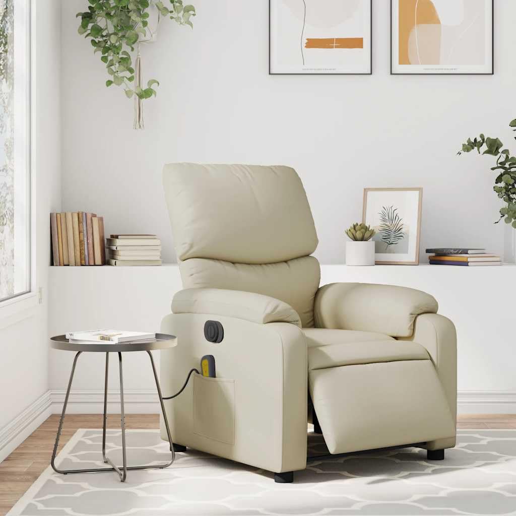 Massagesessel elektrisch Creme Kunstleder mit 6-Punkt-Vibrationsmassage, Elektromotor für Rückenlehne und Fußstütze, bequemer Polstersessel mit stabilem Holz und Metallgestell
