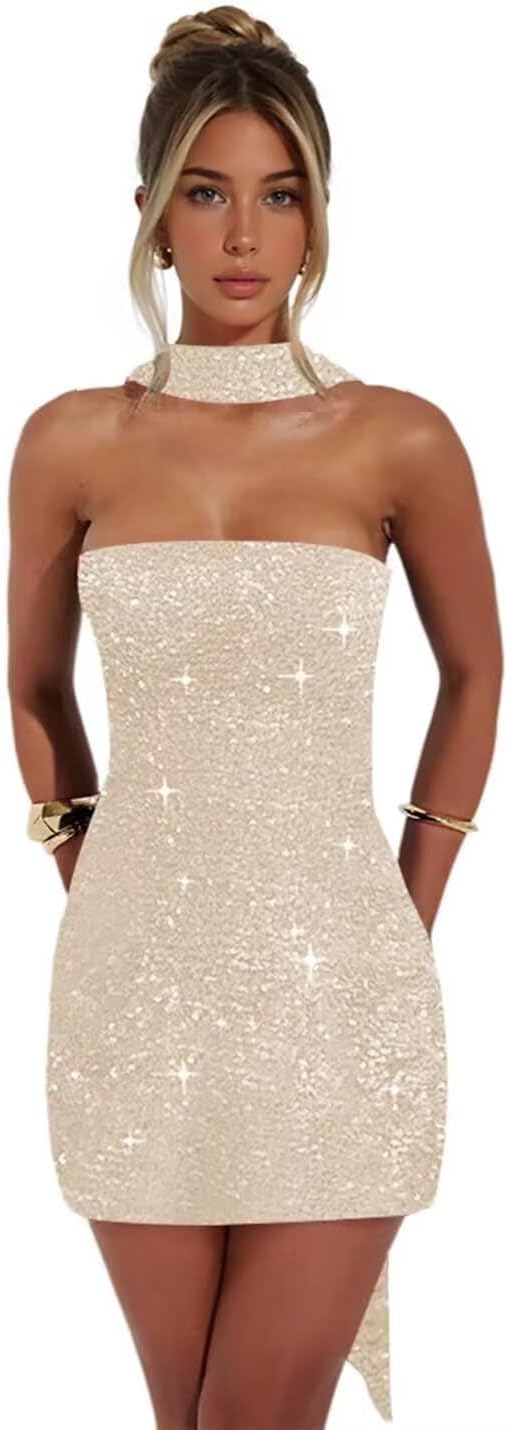 Sparkly Sequin Short Homecoming Dresses 2025 Tight Cocktail Party Dress with Scarf