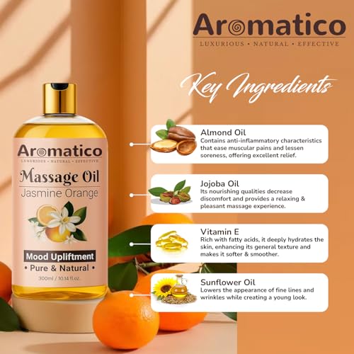 Image of AROMATICO Jasmine Orange Massage Oil. Soothing Aromatherapy Body Oil with Sweet Citrus & Floral Notes. Relaxing, Spa-Quality Formula for Stress Relief & Skin Hydration - 300ml