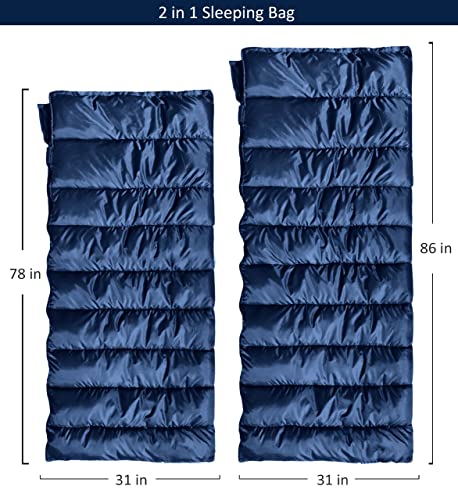 Image of Navy Couple or Double Sleeping Bag! Warm and Comfortable ! Great for Camping or Hunting! Perfect for a Family Campout