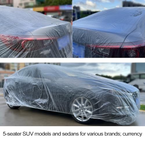 Image of Blue 4 Packs Disposable Car Cover Clear Plastic Car Cover Universal Rain Dust Garage Cover with Elastic Band Medium (12.4 FT x 21.6 FT)