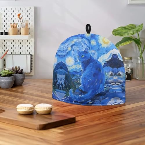 Image of Tea Cozy Starry Night Blue Cat Print Creative Insulated Tea Cosy Extra Thick Home Kitchen Decoration Creative Gifts Dust Teapot Cover Kitchen Accessories for Travel