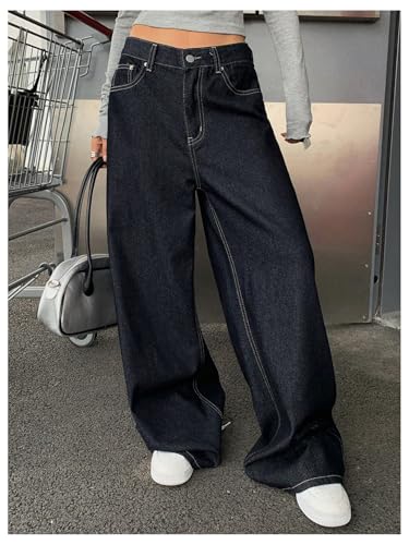 OYOANGLE Women's Denim Wide Leg Straight Jeans Y2K Baggy Loose Mid-Rise Pocket Casual Pants4