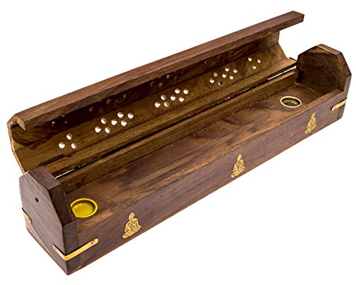 Alternative Imagination Wooden Coffin Incense Burner - Incense Burner For Incense Sticks And Cone Incense. Includes Storage Compartment For Incense Sticks. Coffin Style Featuring Sitting Buddha #TOP17