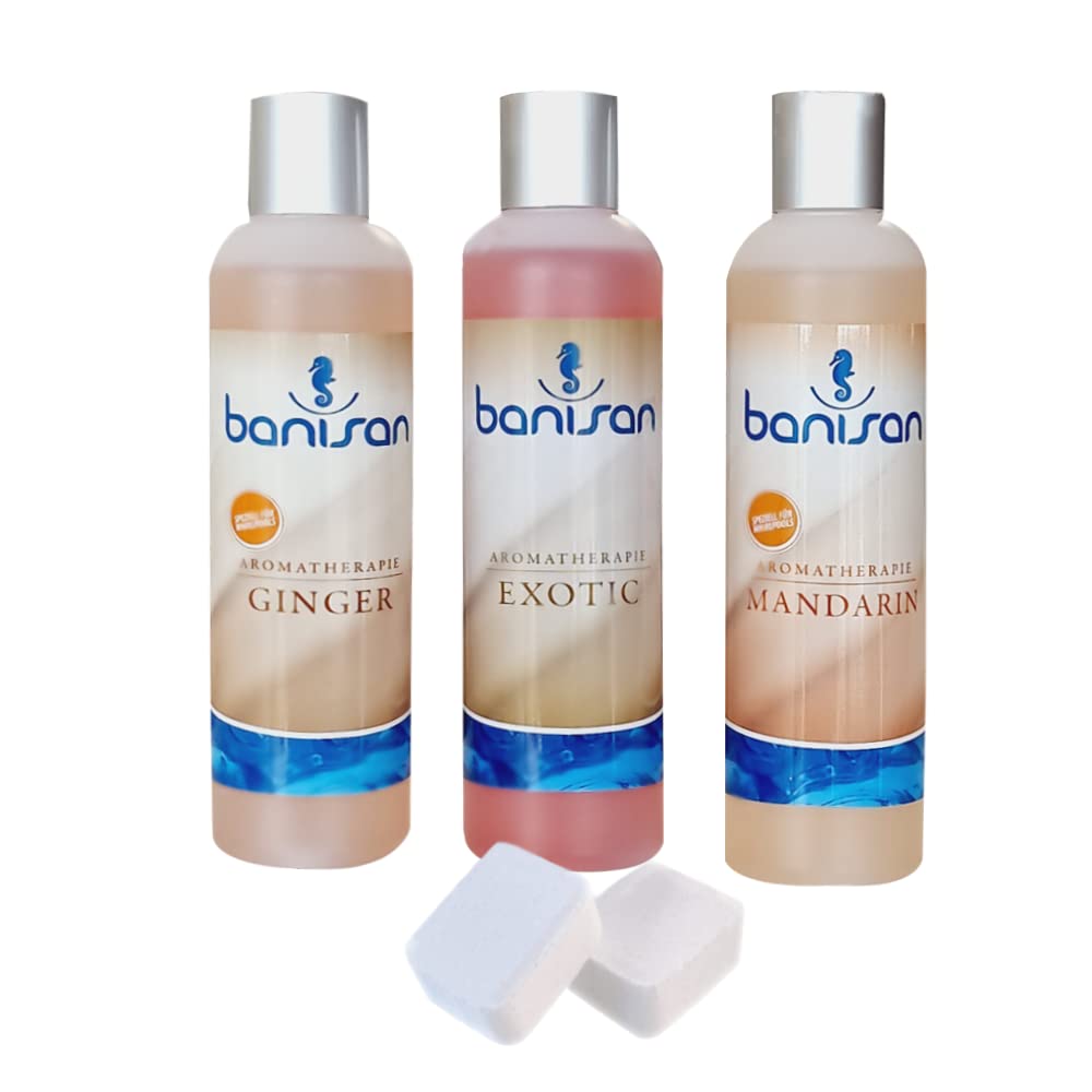 Whirlpoolduft Banisan Badezusatz Whirlpool Aromatherapie 3 Düfte mit je 250 ml + 2 Filterreinigungstabletten von Pfahler´s Whirlpool Studio. Softub Whirlpool Duft Set, Ginger, Mandarin, Exotic