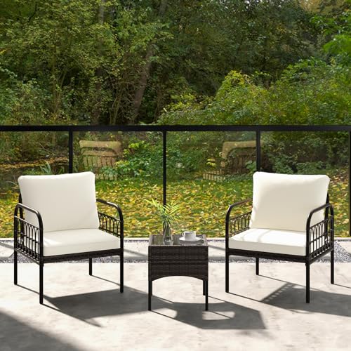 GYMAX Ensemble de Salons de Jardin 2 Personnes, 2 Chaises en Rotin avec 1Table Basse en Verre, Accoudoir, Coussin Résistant à l'eau, pour Extérieur Pelouse, Terrasse, Jardin, Balcon – Image 6