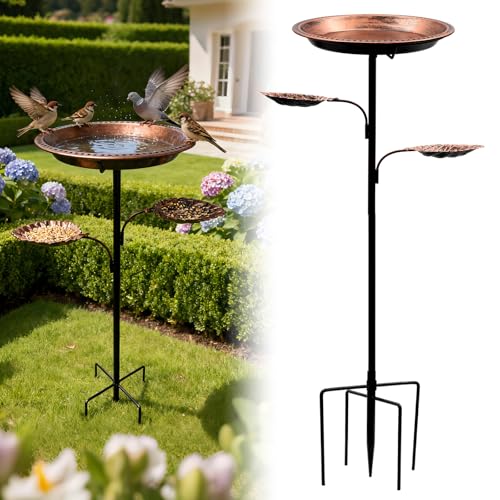 SPOKKI Metal Bird Bath for Outdoors 12 Inch Bath Bowl with 2 Bird Feeders All Metal Rustproof Standing Birdbaths for Garden Yard Lawn Patio Outdoor Decor Upgraded 5-Pronged Base (Antique Bronze)