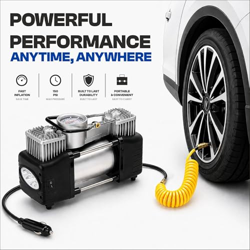 Image of MEGAAUDIO MATI09 12V Double Cylinder Air Compressor Pump | 144W 12A Power, 100 PSI Fast Inflation, Auto Shut Off, LED Light | Heavy Duty Tyre Inflator with Multiple Valve for Cars, Bikes, Motorcycles