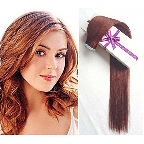 Dark Auburn Hair Extensions Tape in Human Hair, Copper Red #33 Silky...