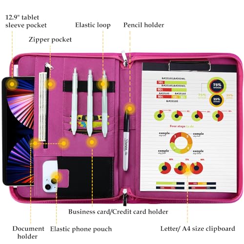 Image of ProCase Portfolio Business Padfolio Folder with Zipper -Magenta | Conference Meeting Executive File Legal Document Organizer with Pockets Letter Size A10 Writing Pad Notepad Padfolio