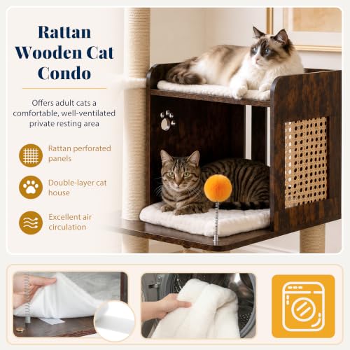 Image of Hey-brother Wooden Cat Tree Tower with Rattan Condo, Large Platform, 2 Cozy Hammocks, Basket, Self-Grooming Brush, 9 Full Sisal Scratching Posts for Indoor Adult Cats, 73 Inches, Rustic Brown MPJ122SR