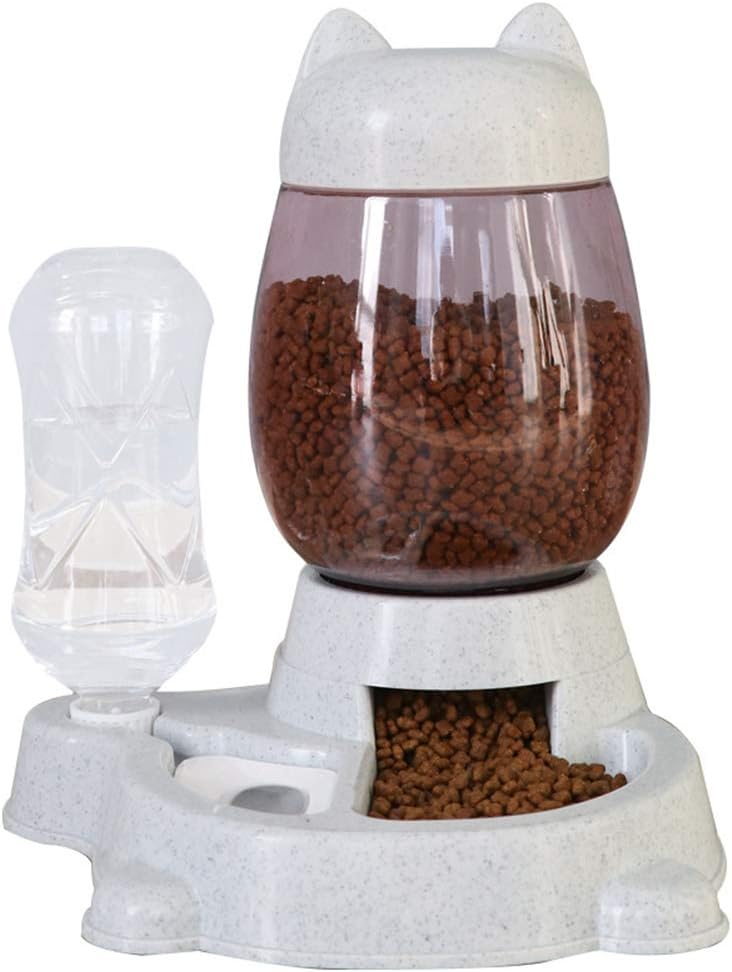 QSYY Automatic Cat Feeder and Water Dispenser Set, Gravity Dog Water Fountain Pet Food Feeder (Grey)