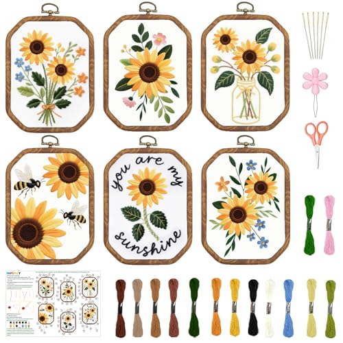 Image of INFUNLY 6 Sets Octagon Sunflowers Embroidery Kit for Beginners Bee Stamped Embroidery Starter Kit 11.8x11.8 Vintage Hand Stitching Needlework Set with Step-by-Step Instruction for Adults Home Decor