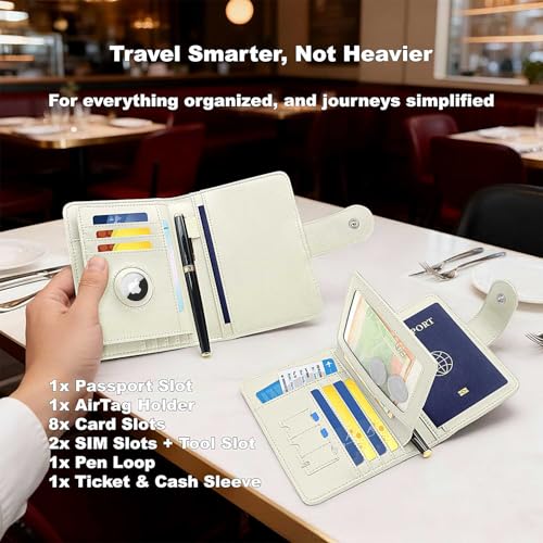 Image of Passport Holder for Travel, RFID Blocking Leather Airtag Wallet for Women Men, Large Passport Cover Essentials Gift, Tickets, Cash, Photo, Sim Card Pen Slot - White
