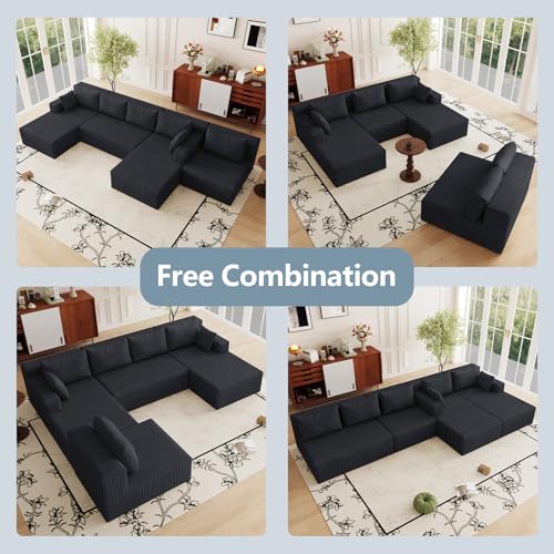Image of 160 inch W Cloud Sectional Couch,Modern U-Shaped Cloud Couch with Deep Seat,Comfy Corduroy Sofa,Memory Foam Sofa for Living Room,No Assembly (Black,Right-Facing Chaise)