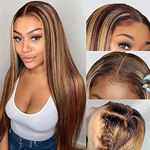 Ombre Highlight Straight Human Hair Wigs 24 inches Msgem Brazilian Straight 13x6 T Part Lace Front Wigs for Black Women Ombre HD Lace Front Wigs Pre Plucked with Baby Hair 4/27 Color 150% Density Cover