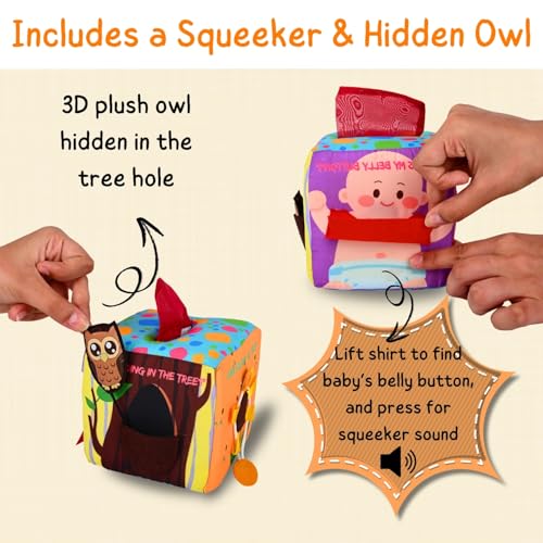 Image of Seraphina Montessori 7 in 1 Activity Cube for Babies | Interactive, Educational & Learning Sensory Toy for Kids | Tissue Box Toy| Fabric Cube with Mirror, Rattle, Squeaker & Textures