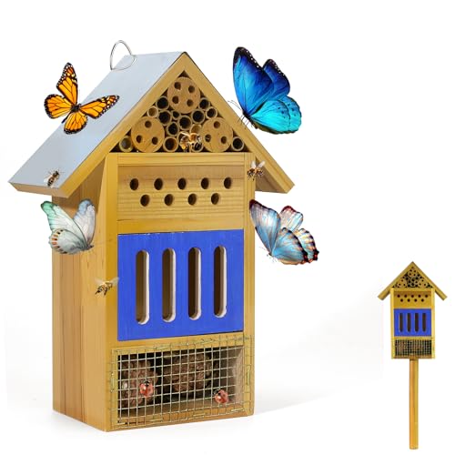 Wooden Butterfly House & Bee House for The Garden, Durable Bug Hotel W/Wooden Stake and Iron Roof, Insect Habitat On The Ground Or Hanging On The Tree, for Butterfly, Bee, Ladybug, Bug