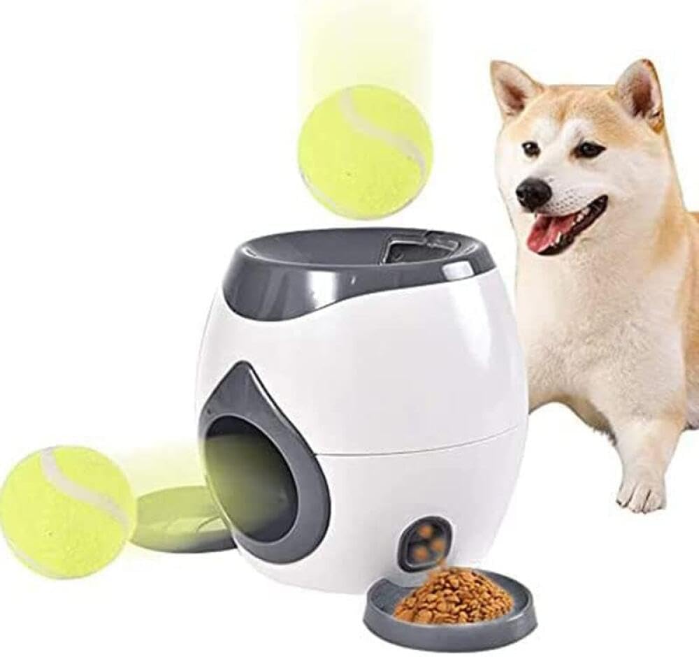 Automatic Dog Ball Launcher Pet Ball Indoor Thrower Machine with Feeding Flat Tray Dog Tennis Ball Machine with 2 Balls Interactive Dog Toys for Dog Puppy Pet Tennis Food Reward Machine dark gray