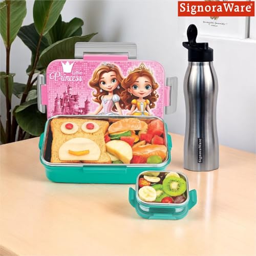 Image of SIGNORA WARE Delight C Nugget Stainless Steel Printed Lunch Box Set for Kids | Airtight Lid with Clip Lock | Compact & Sleek Size | Great for Picnics & Outdoors (700ml + 130ml + 750ml Bottle | Pink)