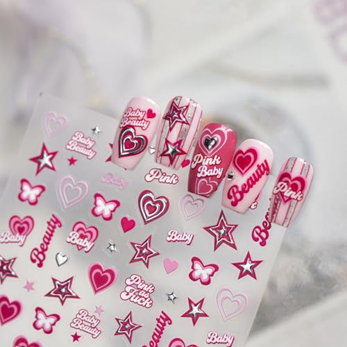 Image of 5D Embossed Pink Star Nail Stickers - Y2K Design Self-Adhesive Heart Nail Decals, DIY Cool Manicure Decoration Accessories for Women (1 Sheet)