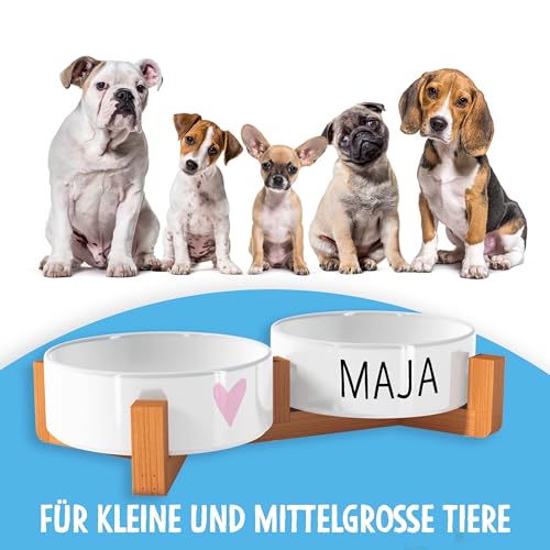 OWLBOOK rosa Herz Motiv Futternapf personalisiert Hundenapf mit Namen oder Wunschtext Doppelnapf aus Keramik mit Bambus Gestell Futternapf Napf Wassernapf Keramik, Bambus 300 ml