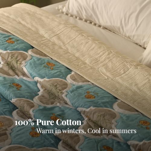 Image of Peepul Tree 100% Cotton Malmal AC Comforter 60 x 90 Inches, Best for Summers Lightweight, Soft, Breathable & Reversible AC Blanket for Single Bed, Teal & Taupe