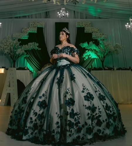 Mouccy Luxury 3D Floral Tulle Quinceanera Dresses Puffy Pearly Prom Dresses with Train Beaded Off Shoulder Sweet 16 Dresses4