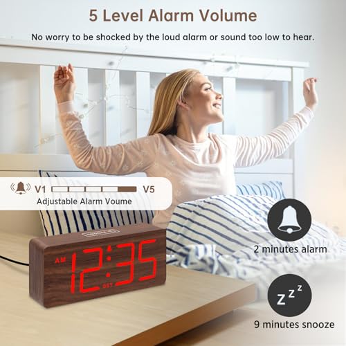 Image of DreamSky Wooden Digital Alarm Clock for Bedroom with Large Numbers | Desk Clocks for Living Room, Office, Dimmer, Loud Alarm for Heavy Sleepers with Volume Control, DST, Wood Decor (Plug-in)