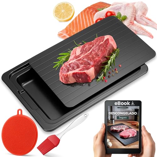 Tabla Descongelación Rápida Alimentos - Placa de Aluminio 35,5X20,5X0,2cm con Cepillo Silicona y Pincel - Bandeja Reutilizable y Profesional para Carne Pescado Pollo - Cocina Higiénica | Three Stars